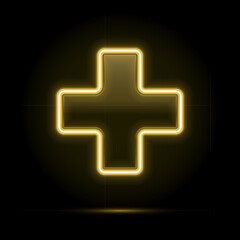 Yellow neon medical cross sign. Glowing pharmacy or healthcare symbol on dark background. Bright illuminated plus icon for clinic, hospital, or drugstore. 3D realistic vector illustration.