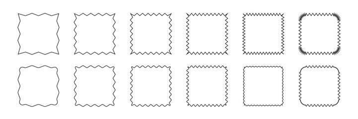Blank badge outlines set. Collection of square label frames with zigzag, wavy, and starburst edges. Black line shapes isolated on white background. Graphic vector illustration.