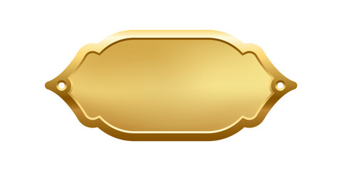 Blank golden nameplate plaque with decorative edges and screw holes. Empty metallic label for engraving, signage, awards, door signs. Realistic vector illustration.