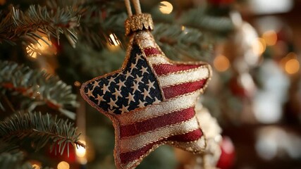 U.S. flag pattern star ornament hanging on Christmas tree  - Powered by Adobe