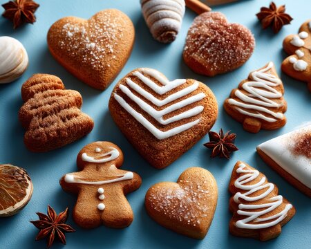 Festive gingerbread cookies arranged on a blue background - Powered by Adobe