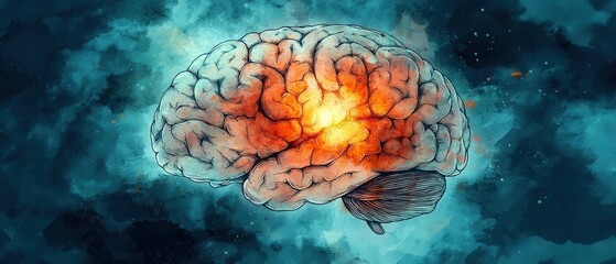 High Quality Watercolor Painting of a Brain with Oxygen Deprivation Effects in Vibrant Colors and Abstract Background