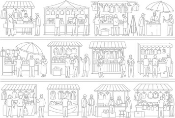 Naklejka premium Detailed black and white sketch of a bustling medieval market scene with many stalls and people