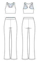 Flared Lounge Set Technical Fashion Illustration. Women’s Cropped Tank Top and Full-Length Flared Pants Vector Template. Comfortable Fit. Casual Loungewear. White Color. CAD Mockup Set.