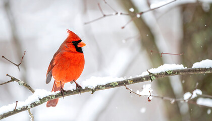 A vibrant red male Northern Cardinal perches on a snow-covered branch in a winter scene.
