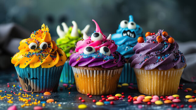 Fun and colorful halloween monster cupcakes with candy eyes and sprinkles