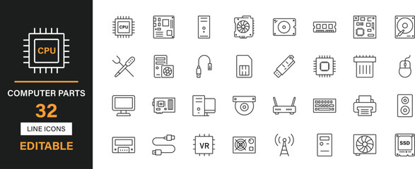 Computer parts 32 editable line icons set.  Ram, tray, module, connector, bridge fan, case, board, mouse, keyboard, monitor, cable and solid icons.