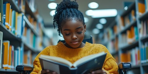 Happy young disabled Black school student in a wheelchair reading a book in the library. This scene showcases inclusive education for children with disabilities, promoting diversity, Generative AI