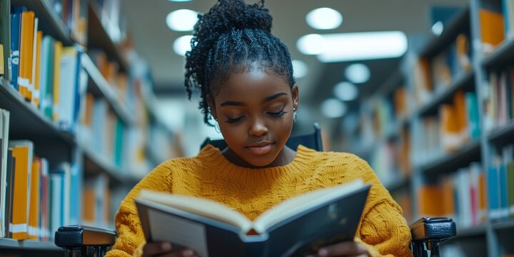 Happy young disabled Black school student in a wheelchair reading a book in the library. This scene showcases inclusive education for children with disabilities, promoting diversity, Generative AI