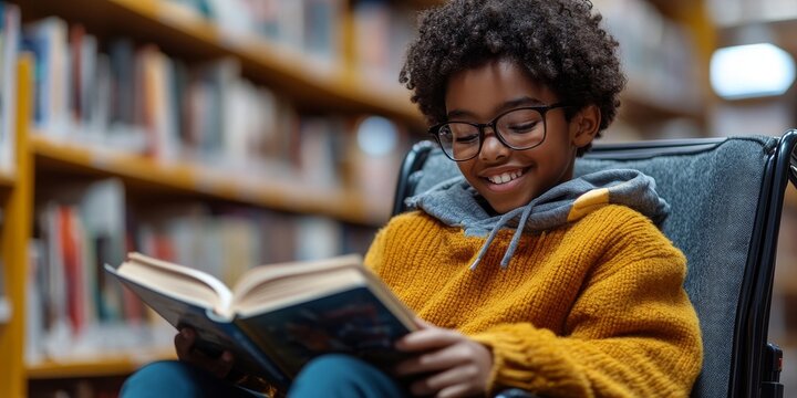 Happy young disabled Black school student in a wheelchair reading a book in the library. This scene showcases inclusive education for children with disabilities, promoting diversity, Generative AI