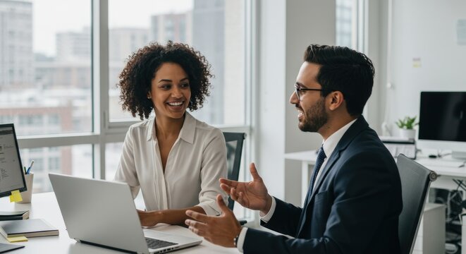 Business Meeting: Smiling Colleagues Discussing Project in Office.