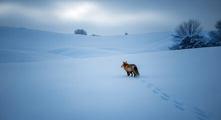 A solitary red fox treads through a vast, snow-covered landscape, embracing the quiet beauty of winter nature