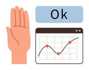 Raised hand beside Ok text and upward-trend graph indicating affirmation, progress, and data tracking themes. Ideal for communication, approval, success, analytics, teamwork, business learning