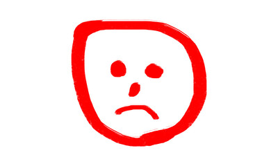 A simple drawing of a sad face inside a red circle on a black background isolated on transparent background