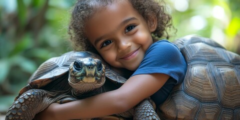 Happy biracial child hugging a tortoise, illustrating the bond between children and animals, promoting kindness and the importance of wildlife conservation, Generative AI