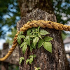 Rustic wooden post with rope and greenery