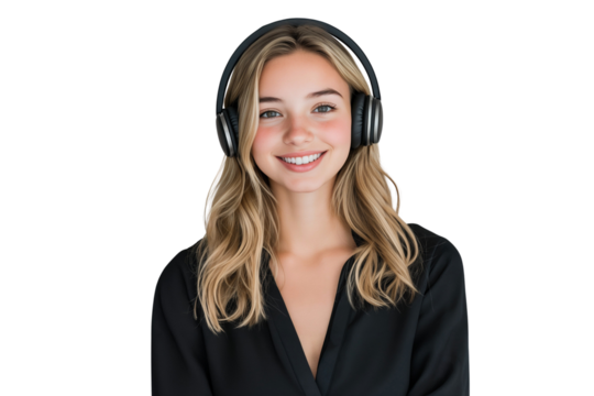 Portrait of a happy young blonde woman listening to music on headphones, smiling girl enjoying her favorite playlist, isolated on transparent background