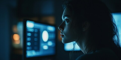 Side profile of a female IT developer working on a computer in a dark office, analyzing cybersecurity threats in digital spaces. The cybersecurity analyst is using advanced AR, Generative AI