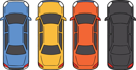 Four colorful cars viewed from directly above automobile