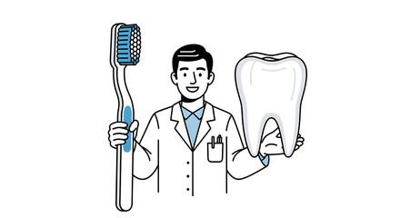 Dentist Holding Giant Tooth and Toothbrush for Oral Hygiene and Dental Care Illustration