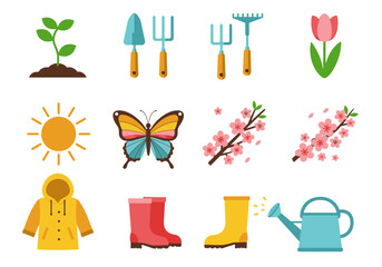 A collection of springthemed illustrations arranged in a grid on a white background