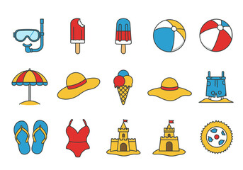 A collection of summerthemed icons including swim gear treats apparel  beachrelated items © Chico Store