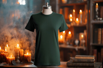 Obraz premium Green t-shirt on mannequin in dark Halloween room with lights.