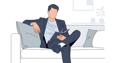 Professional Man Writing in Notebook on Sofa. Business, Planning, or Journaling Concept. Flat Illustration.