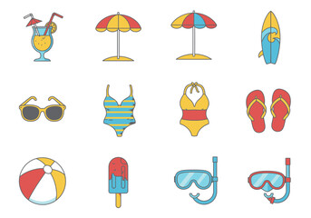 Array of beach themed illustrations drink umbrellas swimsuit flippers beachball snorkel ice cream surfboard sunglasses flip flops
