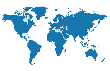 A simplified blue world map depicting all continents and global locations for travel or study