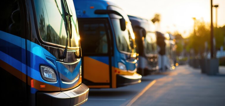 The lined-up buses at sunset highlighting urban transportation and commuter lifestyle.