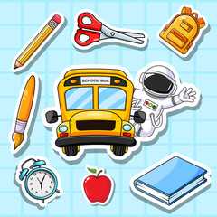 
Set Of Sticker Back To School, Sticker Of School Supplies and Astronaut on School Bus Vector Illustration Isolated
