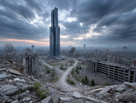 Desolate cityscape with towering building