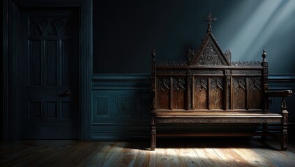 Dark room, antique wooden bench, gothic style, dramatic light