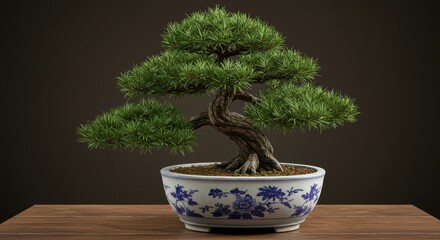 Serene Bonsai Tree in Decorative Pot, Elegant Composition, Studio Lighting.