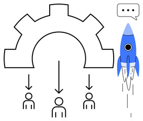 Gear connecting three individuals with downward arrows, symbolizing workflow and teamwork rocket launching with speech bubble denotes innovation. Ideal for teamwork, workflow, project management