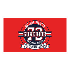 Art of college division superior sporting goods california league emblem, featuring bold typography and athletic design elements on a vibrant red background