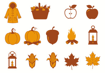 Fall graphics show coat basket apples pumpkin acorn corn fire leaves and lamps