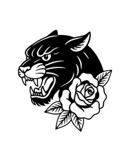 Obraz premium Silhouette of a snarling black panther with a red rose in a traditional tattoo style; perfect for retro-themed creative projects.