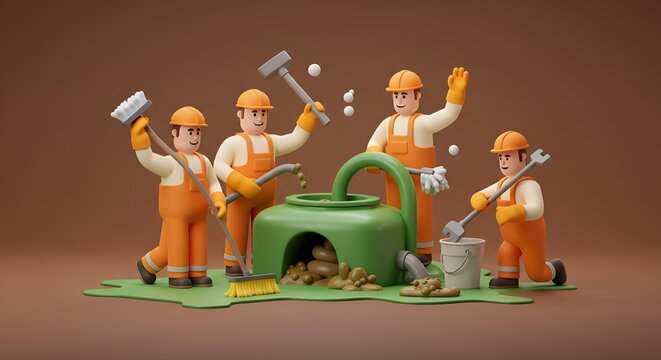 3D Cartoon Construction Workers Repairing Money Pot