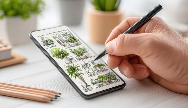 Hand drawing plant arrangements on a smartphone screen