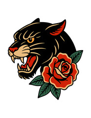 Obraz premium Feline power is illustrated in a black tribal tiger head with a flower and a unique tattoo design