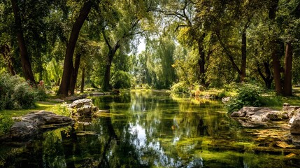 Peaceful summer park with green trees and pond under sunny sky
