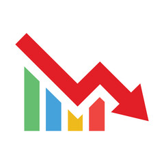 red business arrow graph falling down with multicolor bars