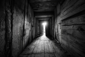 Wooden tunnel, light at end