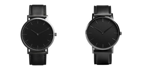 Set of Sleek and minimalist black watch with leather strap isolated on a transparent background
