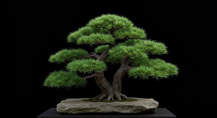 Fototapeta premium Ancient Twin-Trunk Pine Bonsai: A Serene Miniature on a Mossy Stone Slab