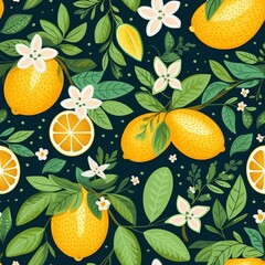 Yellow Citrus Fruit Pattern with Green Leaves and White Flowers on Dark Background