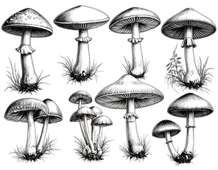 Detailed illustration of various mushrooms