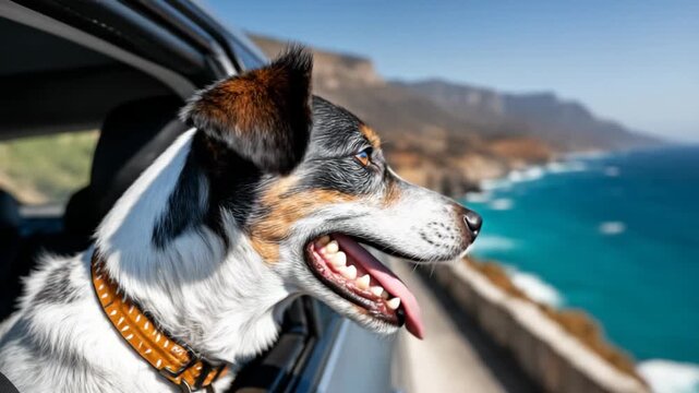 cute merle dog smiling face out of car window enjoy with breeze, car on road at ocean shore